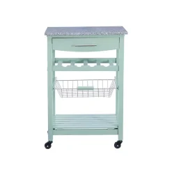 Mint Green Rolling Kitchen Cart with Granite Top