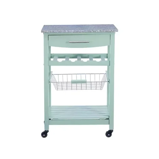 Mint Green Rolling Kitchen Cart with Granite Top