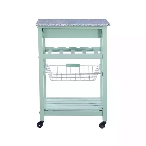 Mint Green Rolling Kitchen Cart with Granite Top