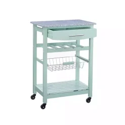 Mint Green Rolling Kitchen Cart with Granite Top