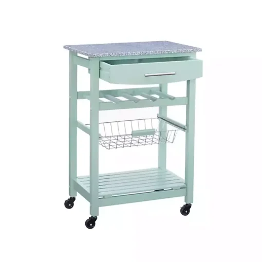 Mint Green Rolling Kitchen Cart with Granite Top