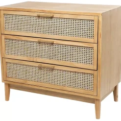 Natural Wood and Rattan 3-Drawer Chest