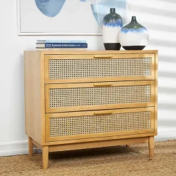 Natural Wood and Rattan 3-Drawer Chest
