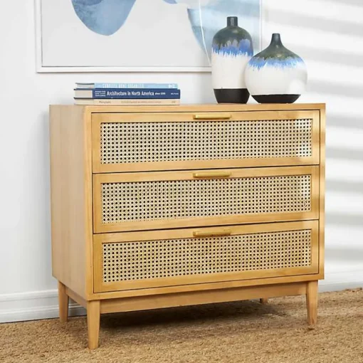 Natural Wood and Rattan 3-Drawer Chest