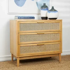 Natural Wood and Rattan 3-Drawer Chest