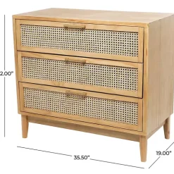Natural Wood and Rattan 3-Drawer Chest