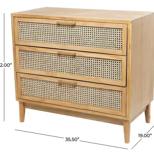 Natural Wood and Rattan 3-Drawer Chest