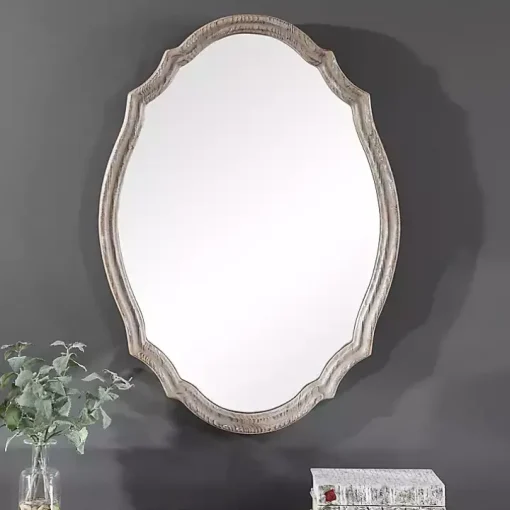 Natural Wood Distressed Curved Frame Mirror