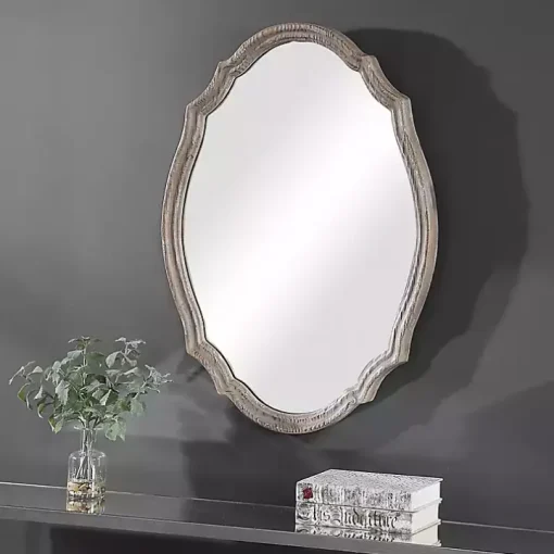 Natural Wood Distressed Curved Frame Mirror