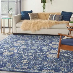 Navy and Beige Botanical Area Rug, 7x9