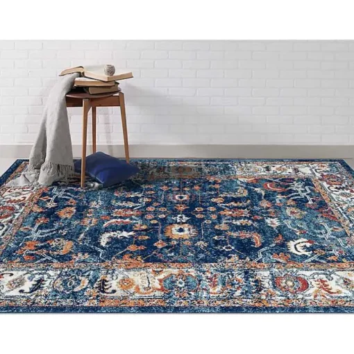 Navy Bordered Pattern Area Rug, 5x7