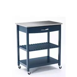 Navy Wood and Stainless Steel Top Kitchen Cart