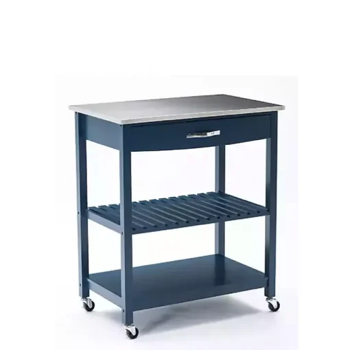Navy Wood and Stainless Steel Top Kitchen Cart