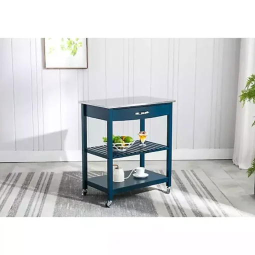 Navy Wood and Stainless Steel Top Kitchen Cart