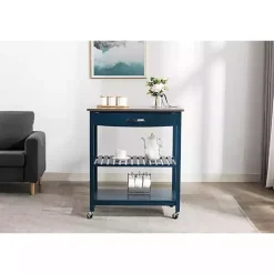 Navy Wood and Stainless Steel Top Kitchen Cart
