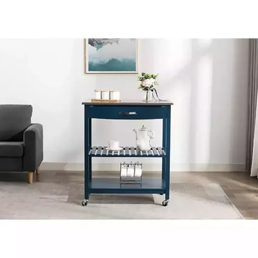 Navy Wood and Stainless Steel Top Kitchen Cart