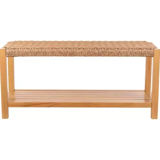 Newport Natural Wood and Rattan Bench with Shelf