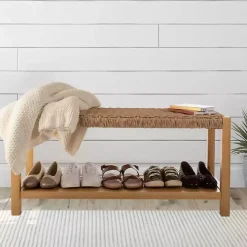 Newport Natural Wood and Rattan Bench with Shelf