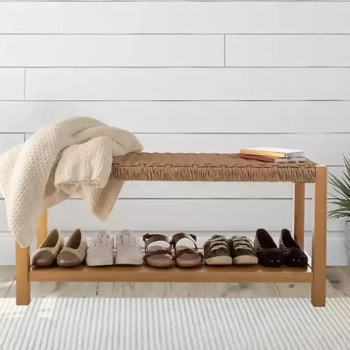 Newport Natural Wood and Rattan Bench with Shelf