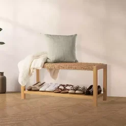 Newport Natural Wood and Rattan Bench with Shelf