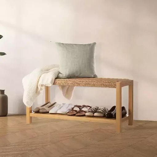 Newport Natural Wood and Rattan Bench with Shelf