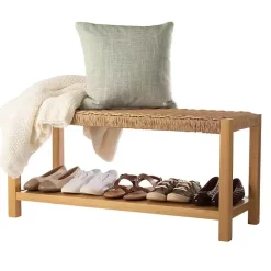 Newport Natural Wood and Rattan Bench with Shelf
