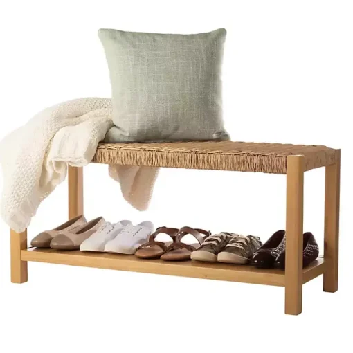 Newport Natural Wood and Rattan Bench with Shelf