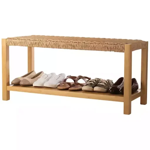 Newport Natural Wood and Rattan Bench with Shelf