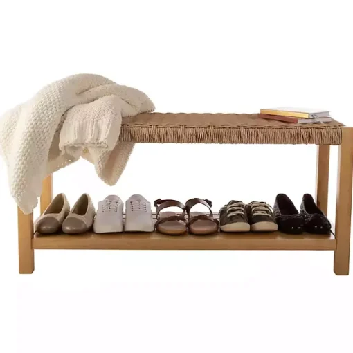 Newport Natural Wood and Rattan Bench with Shelf