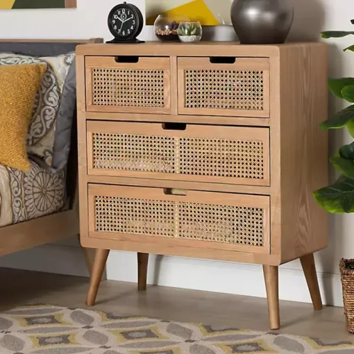 Oak and Rattan 4-Drawer Chest