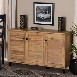 Oak 3-Door Slatted Shoe Storage Cabinet