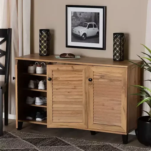 Oak 3-Door Slatted Shoe Storage Cabinet