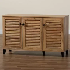 Oak 3-Door Slatted Shoe Storage Cabinet