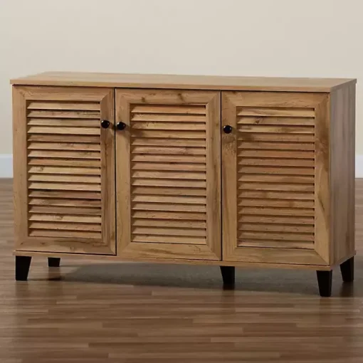 Oak 3-Door Slatted Shoe Storage Cabinet