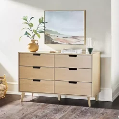 Oak Wood Simple Grooved Handle 6-Drawer Dresser