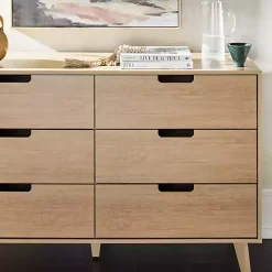 Oak Wood Simple Grooved Handle 6-Drawer Dresser