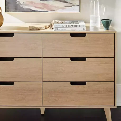 Oak Wood Simple Grooved Handle 6-Drawer Dresser