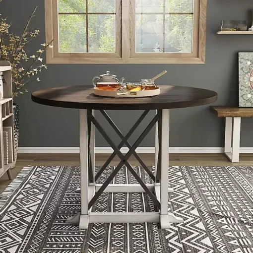 Rustic White & Oak Wood Round Dining Table