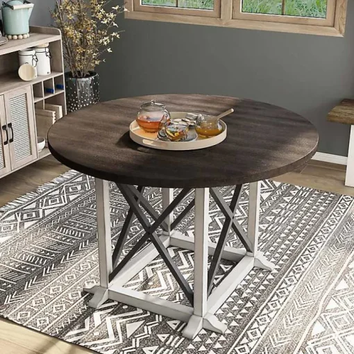 Rustic White & Oak Wood Round Dining Table