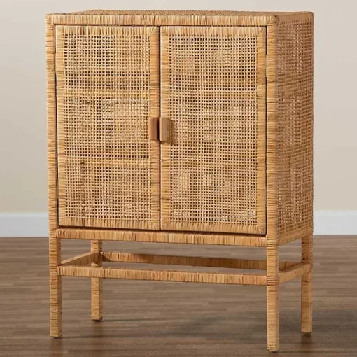 Tan Woven Rattan and Wood Cabinet