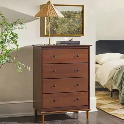 Walnut Mid-Century Modern 4-Drawer Wood Dresser