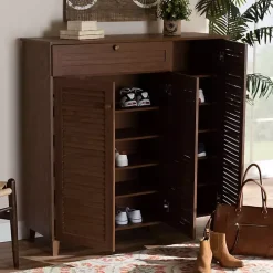 Walnut Wood 11-Shelf Paneled Shoe Cabinet