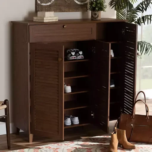 Walnut Wood 11-Shelf Paneled Shoe Cabinet