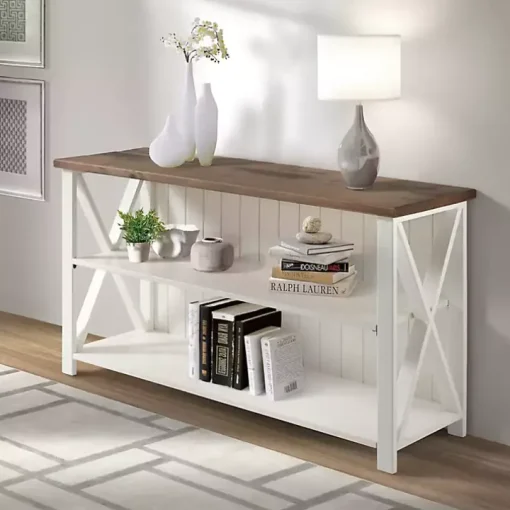White and Rustic Oak Wood Farmhouse Console Table