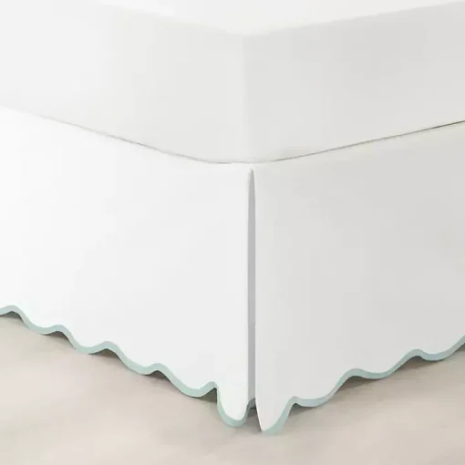 White Blue Scalloped Coastal King Bed Skirt