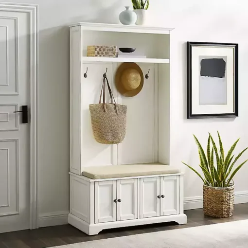 White Wood Hall Tree with Cushioned Bench