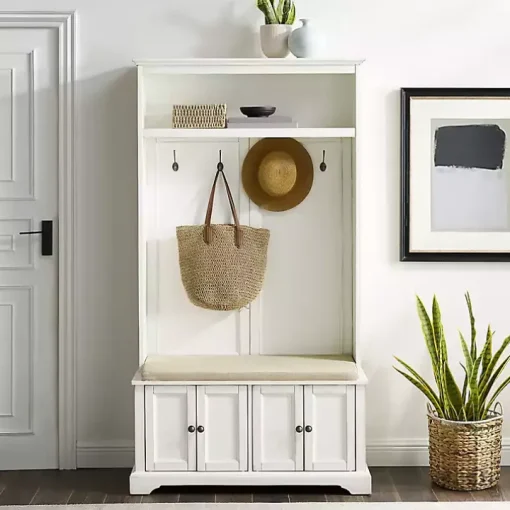 White Wood Hall Tree with Cushioned Bench