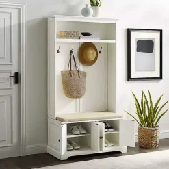 White Wood Hall Tree with Cushioned Bench