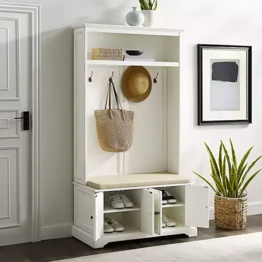 White Wood Hall Tree with Cushioned Bench