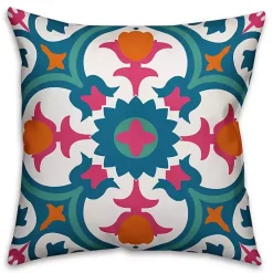 Blue and Pink Floral Tile Outdoor Pillow